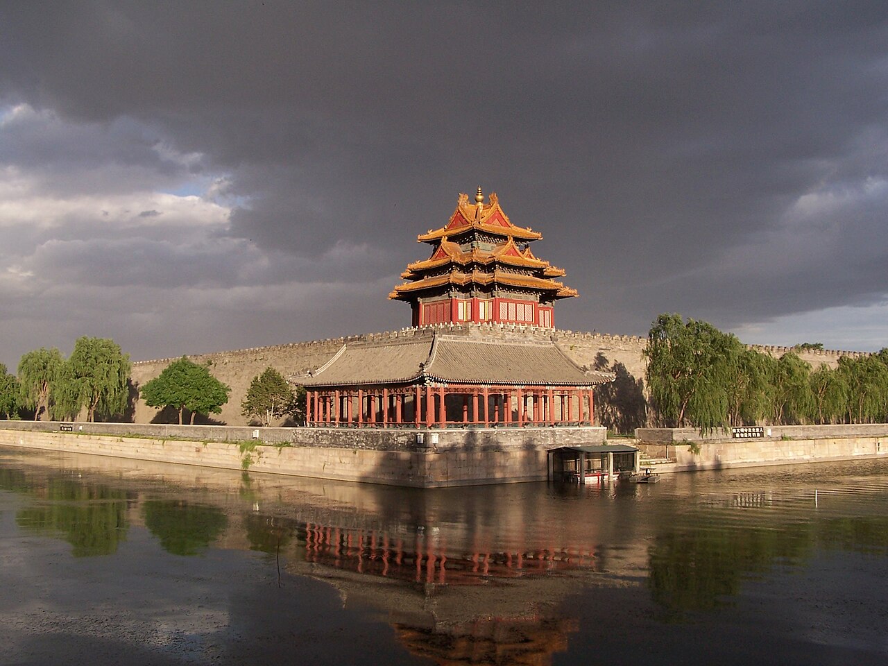 The corner tower of the Forbidden City and its moat, Beijing